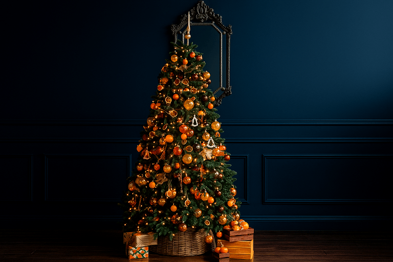 елка с оранжевыми игрушками